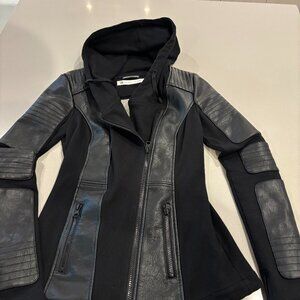 Blanc Noir Black Hooded Blazer with Leather accent
